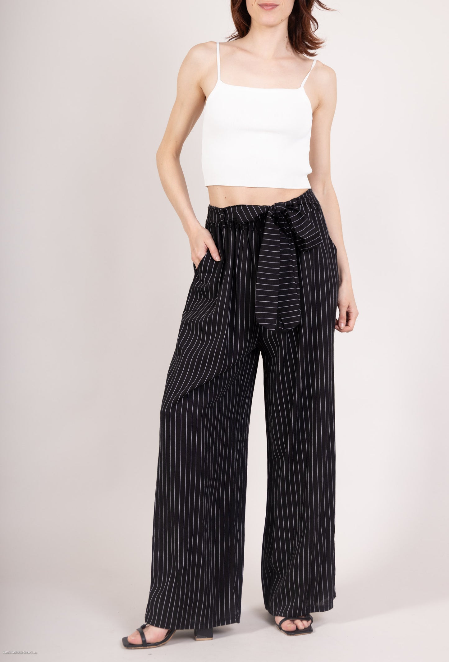 Pantalon Jupe Large Rayé à Ceinture Textile