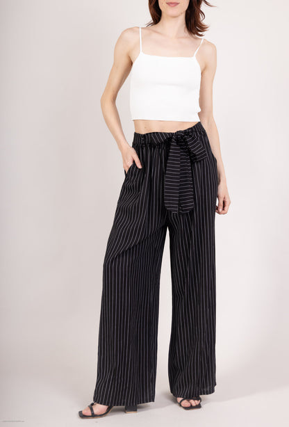 Pantalon Jupe Large Rayé à Ceinture Textile