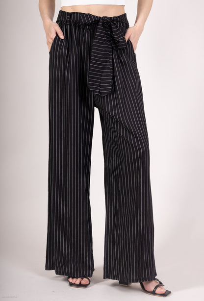 Pantalon Jupe Large Rayé à Ceinture Textile