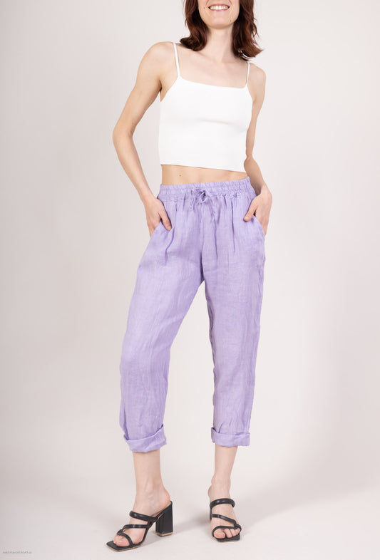 Pantalon 100% Lin Coupe Ballon Large Midi Nœud Ajustable