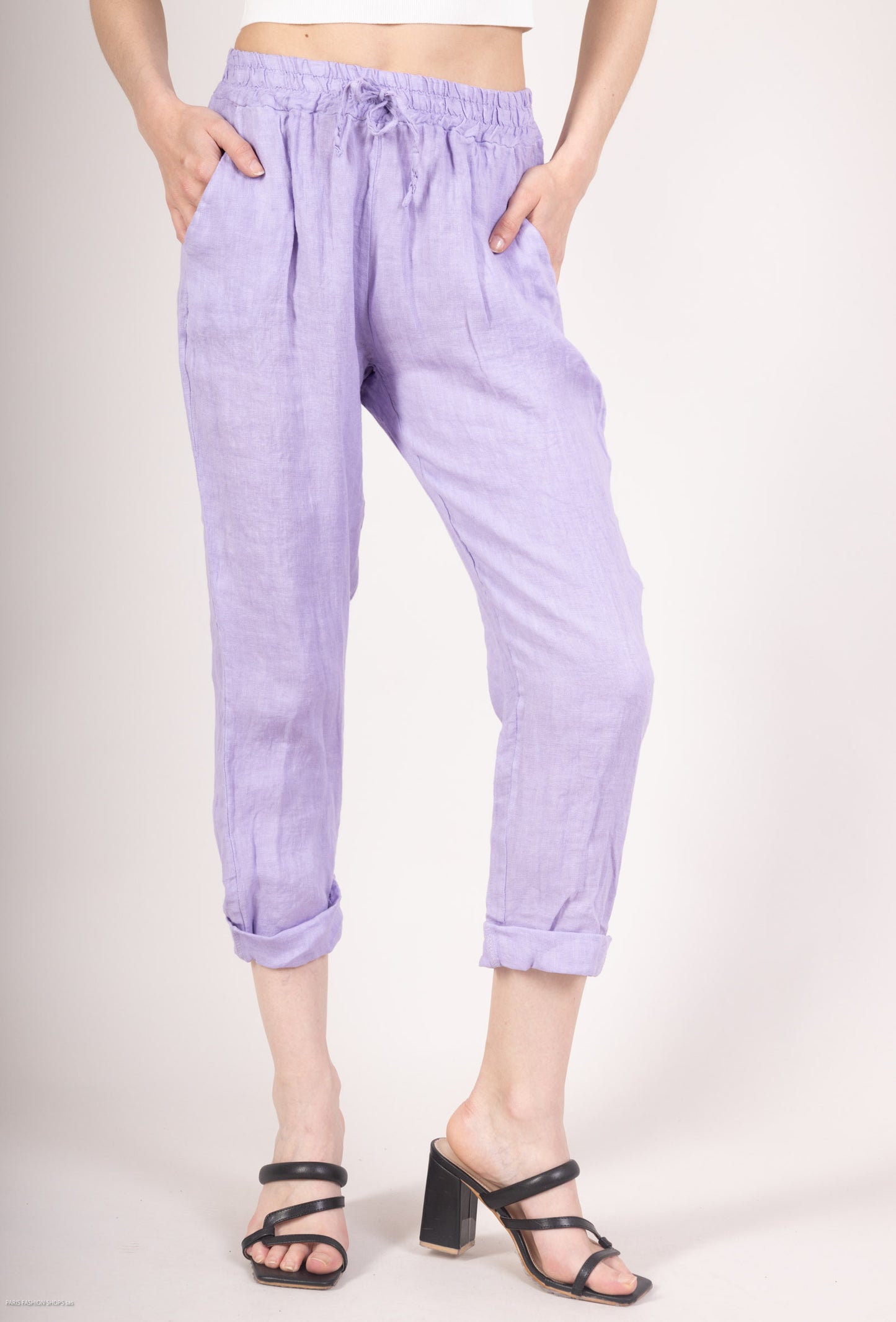 Pantalon 100% Lin Coupe Ballon Large Midi Nœud Ajustable