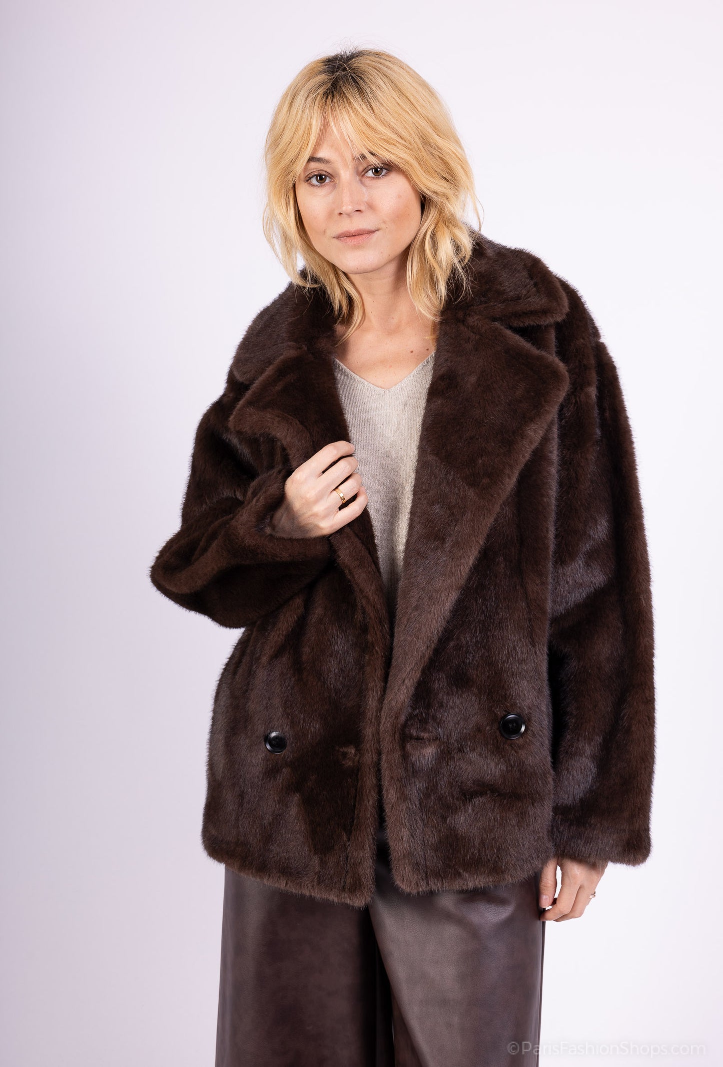 Manteau Fausse Fourrure Col Tailleur Boutonnage Double