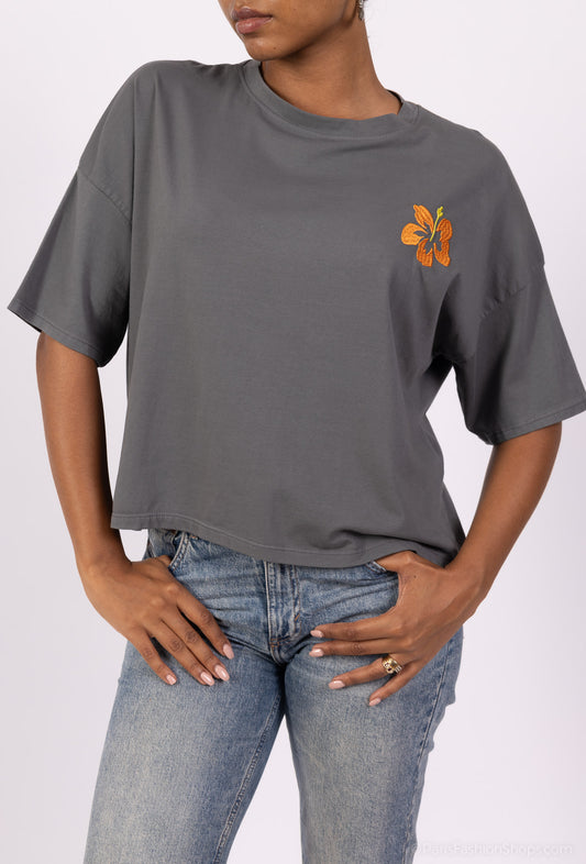 T-Shirt Large Cropped Manche Courte à Fleur Brodé 100% Coton