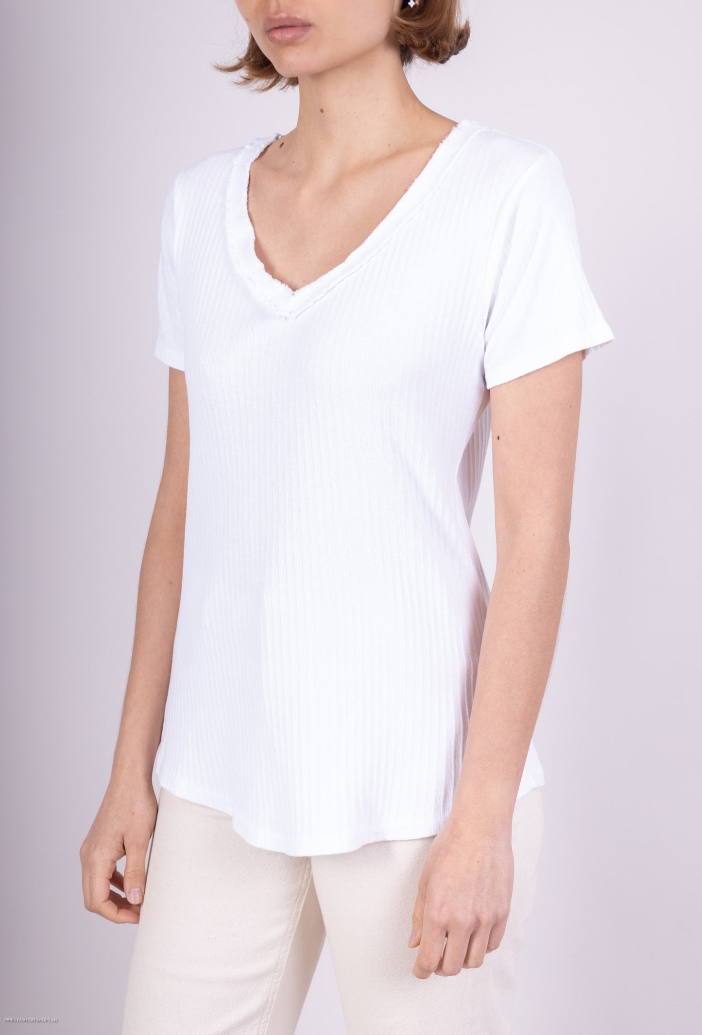 T-Shirt Coton Col V Plissé