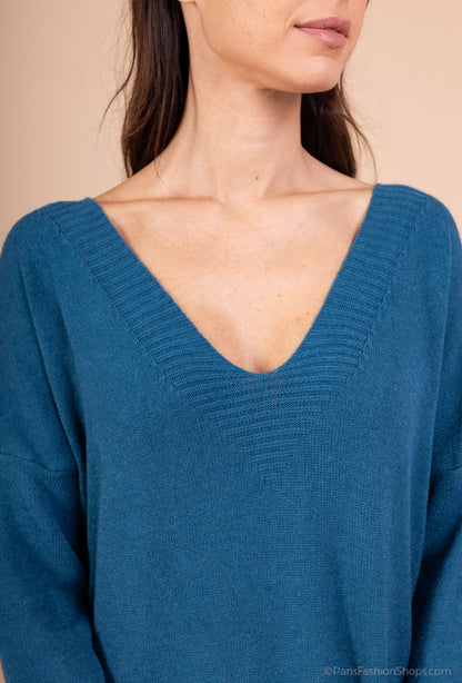 Robe Pull Maille Fine Bord-Côtes Côtelé Col V