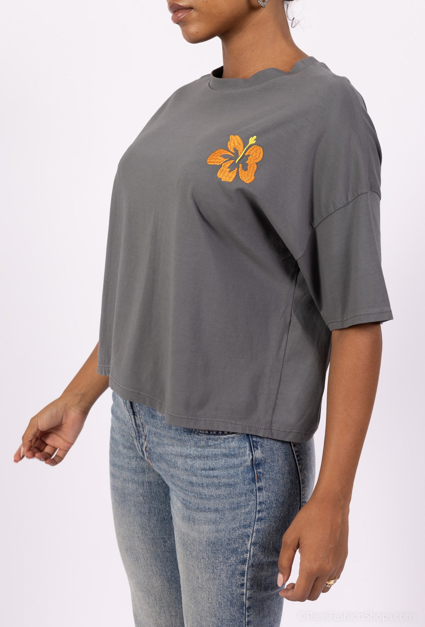 T-Shirt Large Cropped Manche Courte à Fleur Brodé 100% Coton