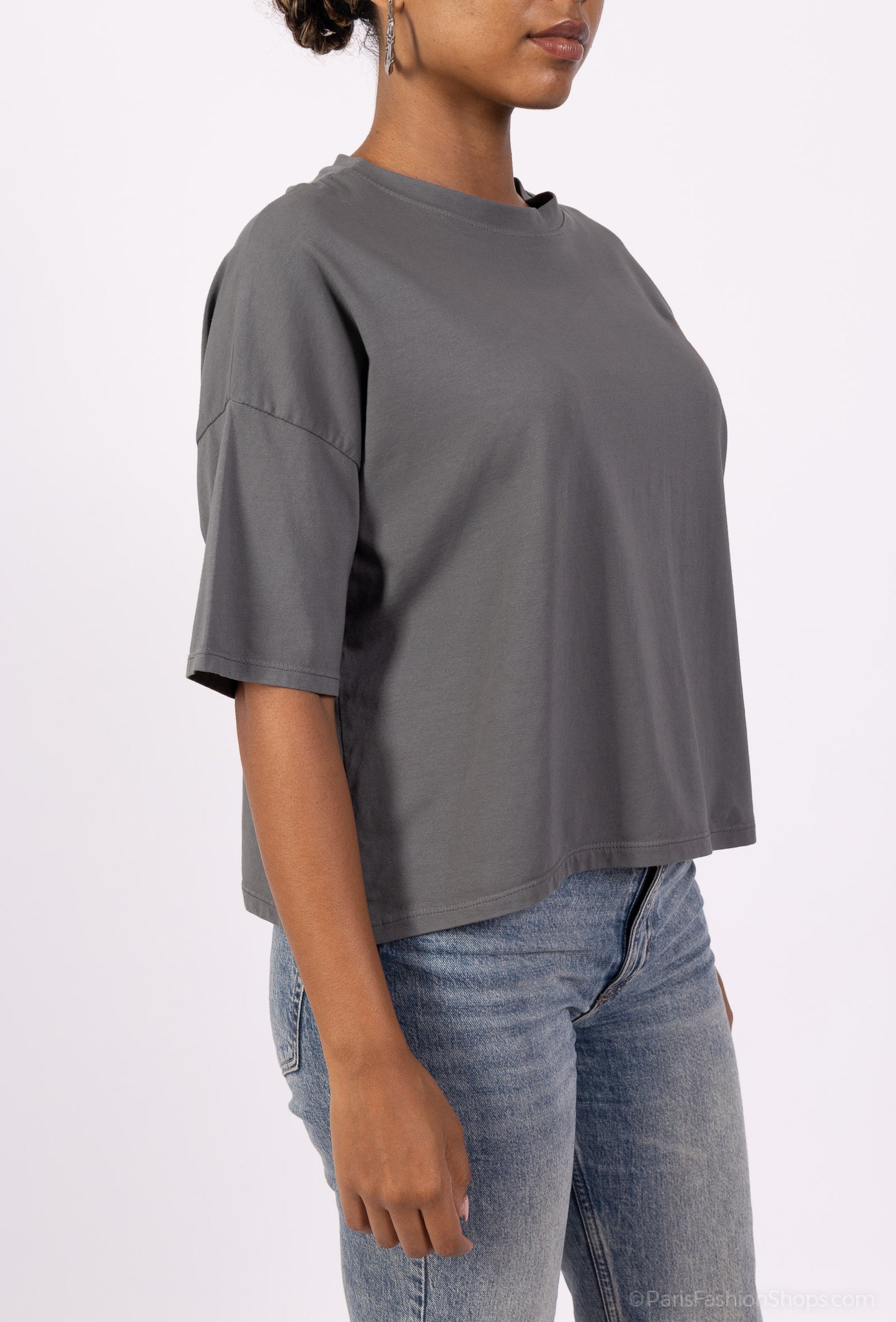T-Shirt Large Cropped Manche Courte à Fleur Brodé 100% Coton