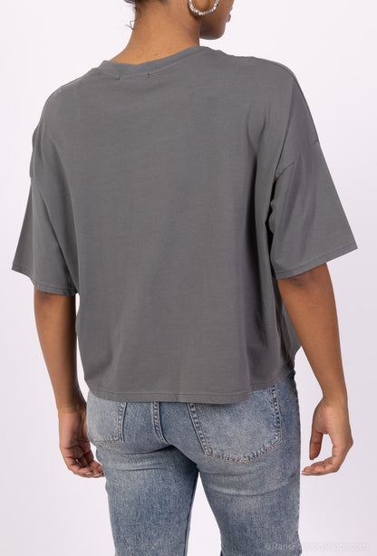 T-Shirt Large Cropped Manche Courte à Fleur Brodé 100% Coton