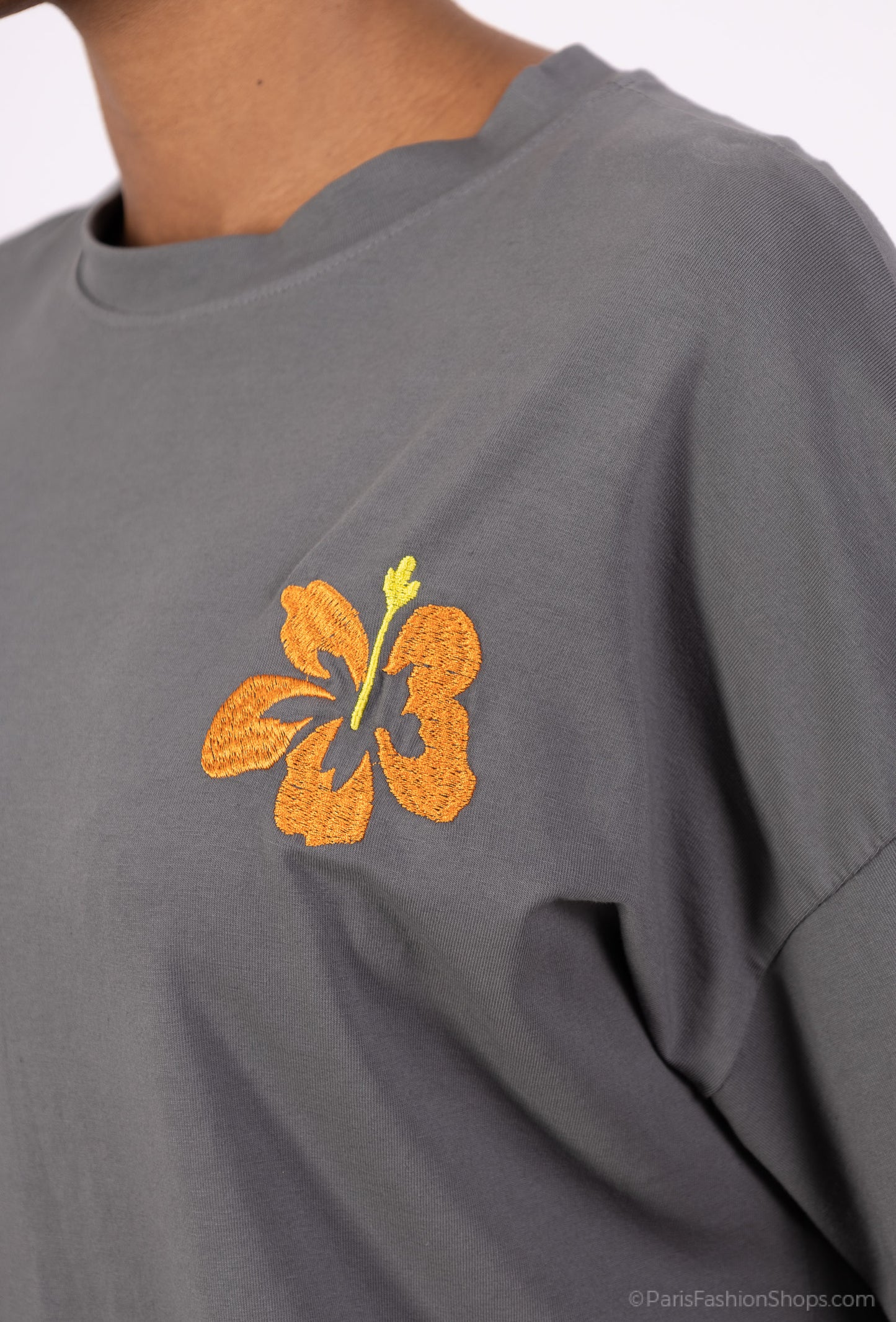 T-Shirt Large Cropped Manche Courte à Fleur Brodé 100% Coton