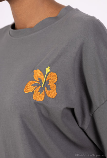 T-Shirt Large Cropped Manche Courte à Fleur Brodé 100% Coton