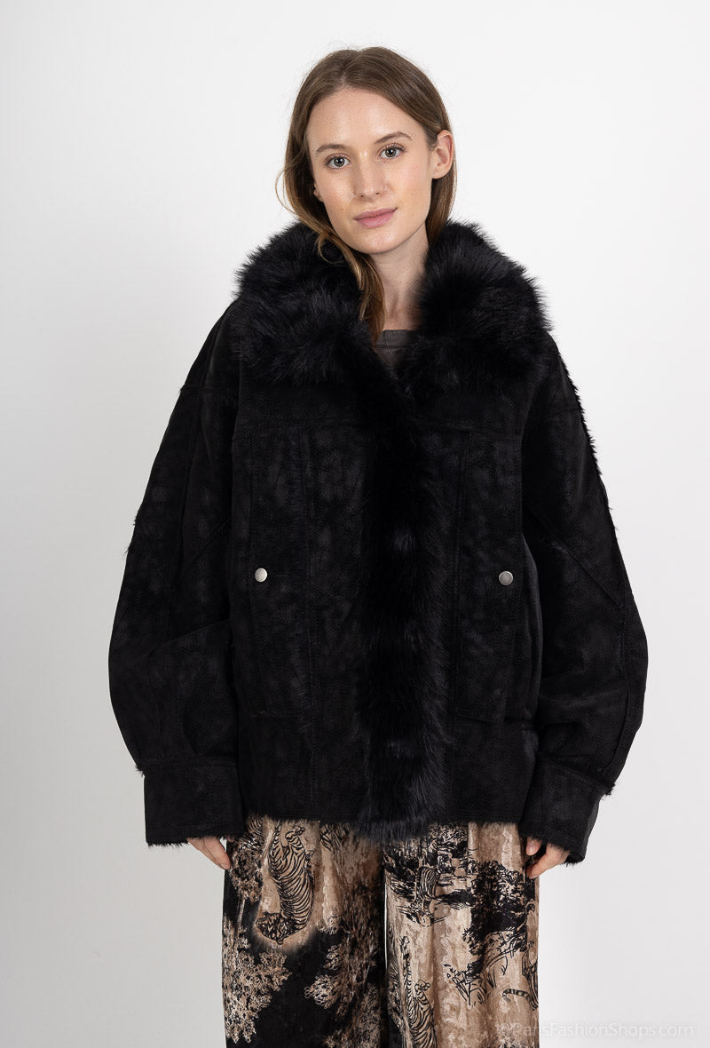 Manteau En Cuir Et Fourrure Noir - Taille 42 Femme - Hiver, Doublure Duvets - Occasion Très Bon état