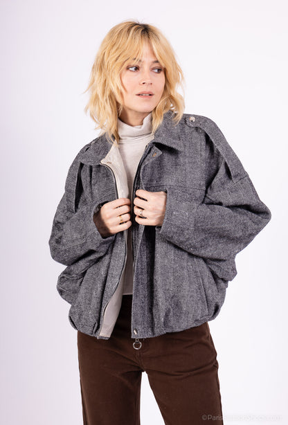 Veste Chauve-Souris Coupe Ballon Rayé Col Chemise Épaulette