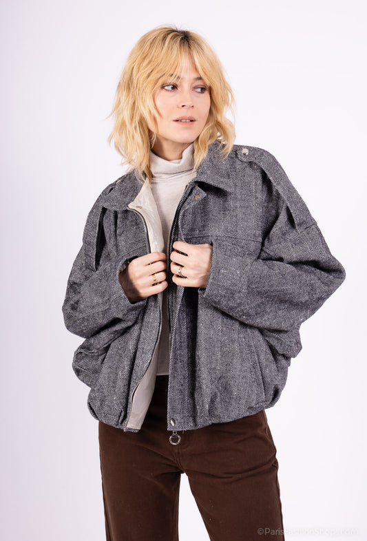 Veste Chauve-Souris Coupe Ballon Rayé Col Chemise Épaulette