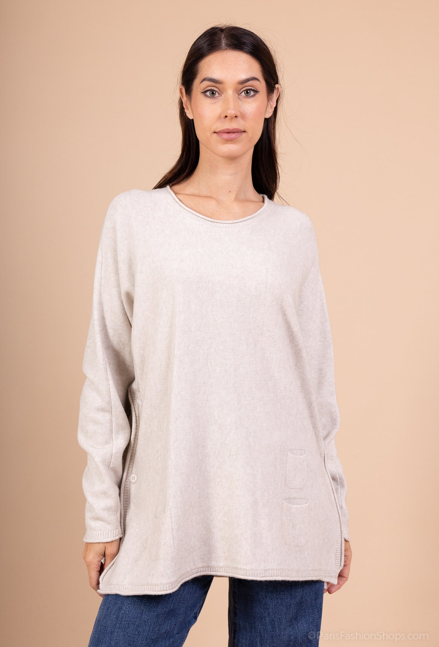 Pull Ample Fentes Cotés Boutonnées Poches Décoratives