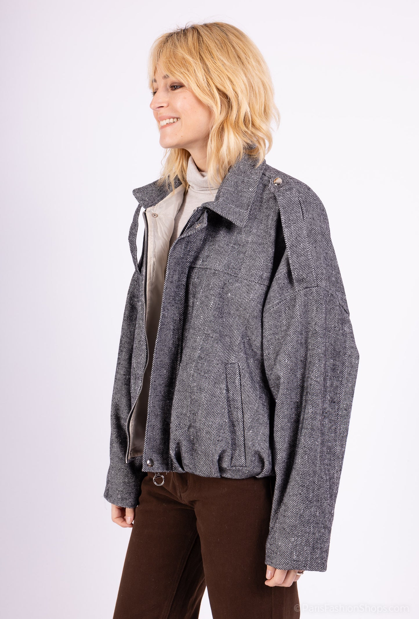 Veste Chauve-Souris Coupe Ballon Rayé Col Chemise Épaulette