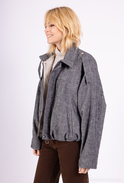 Veste Chauve-Souris Coupe Ballon Rayé Col Chemise Épaulette