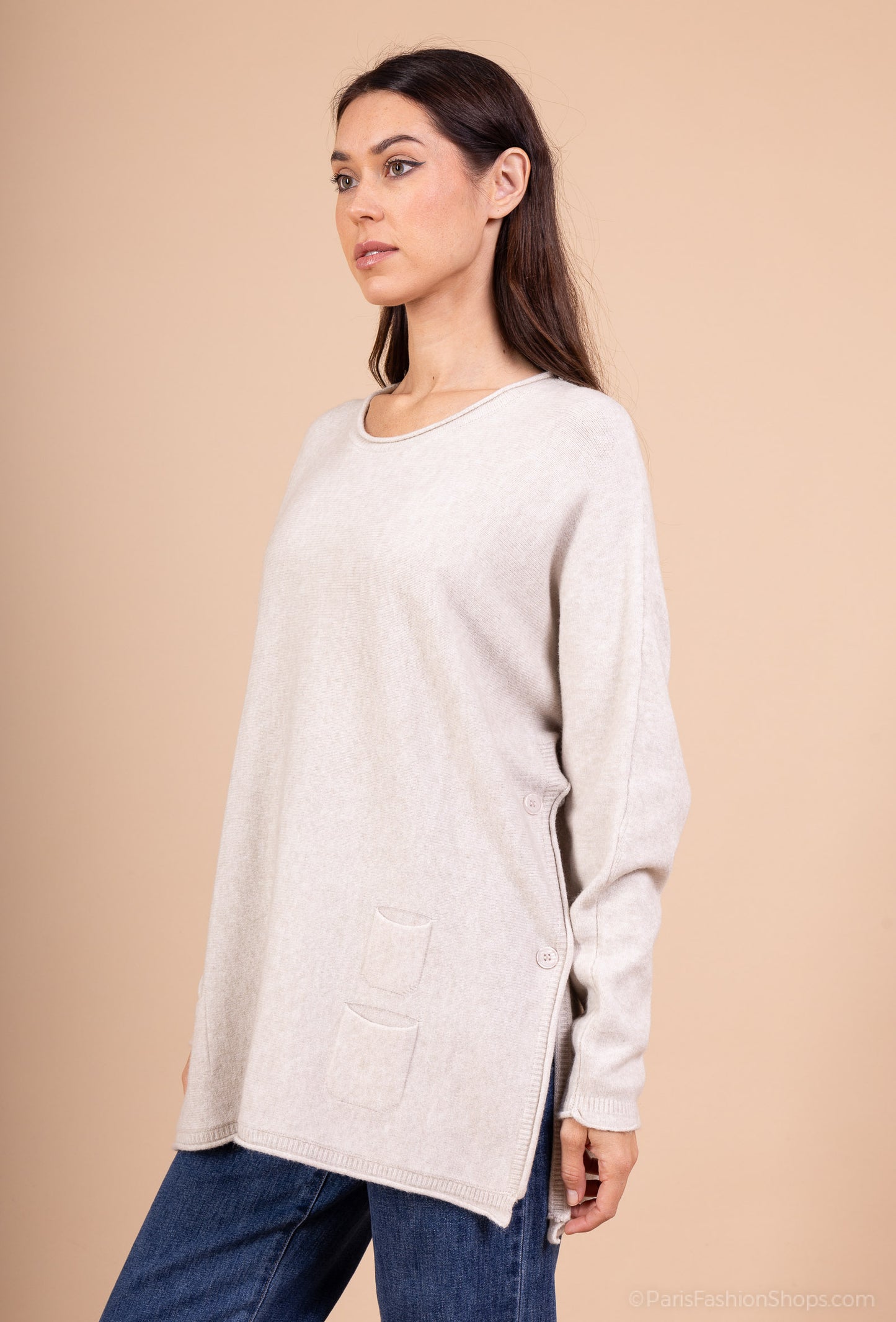 Pull Ample Fentes Cotés Boutonnées Poches Décoratives