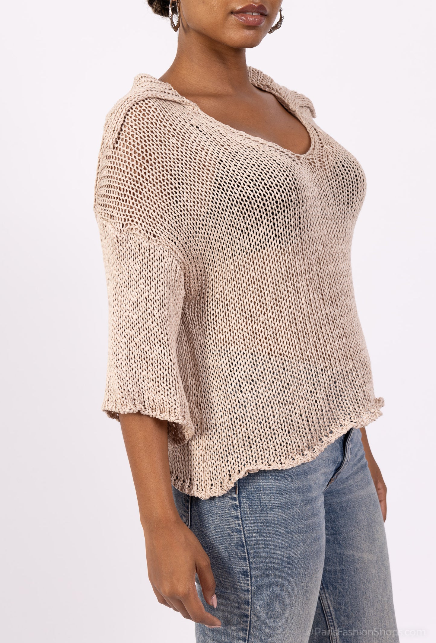 Pull Mailles Large Col Chemise Manche 3/4