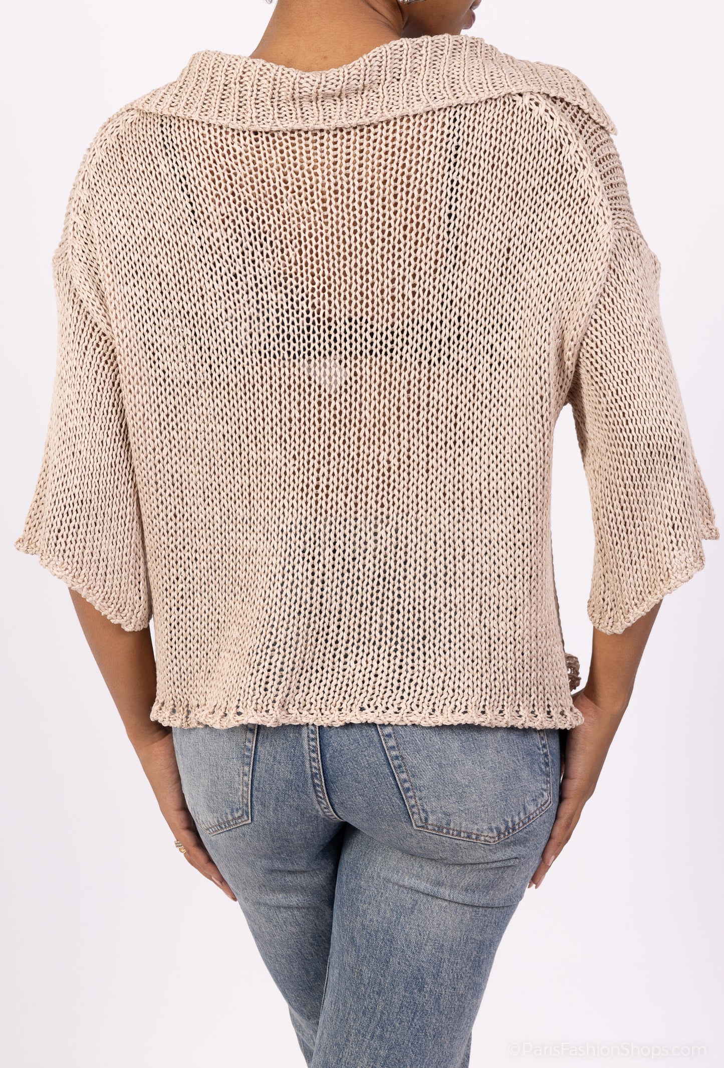 Pull Mailles Large Col Chemise Manche 3/4