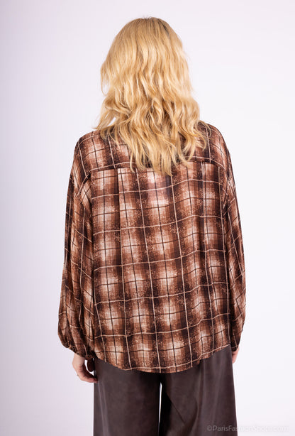 Chemisier Col V À Volants Manches Bouffantes Motif Tartan