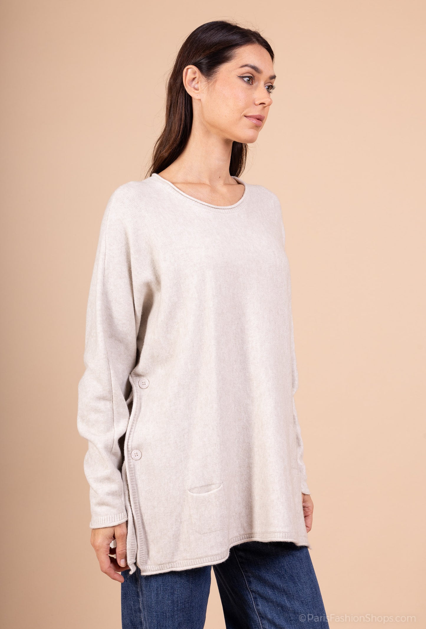 Pull Ample Fentes Cotés Boutonnées Poches Décoratives