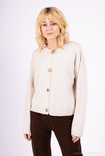 Cardigan Large Boutons Fantaisie Bords-Côtes 10% Laine