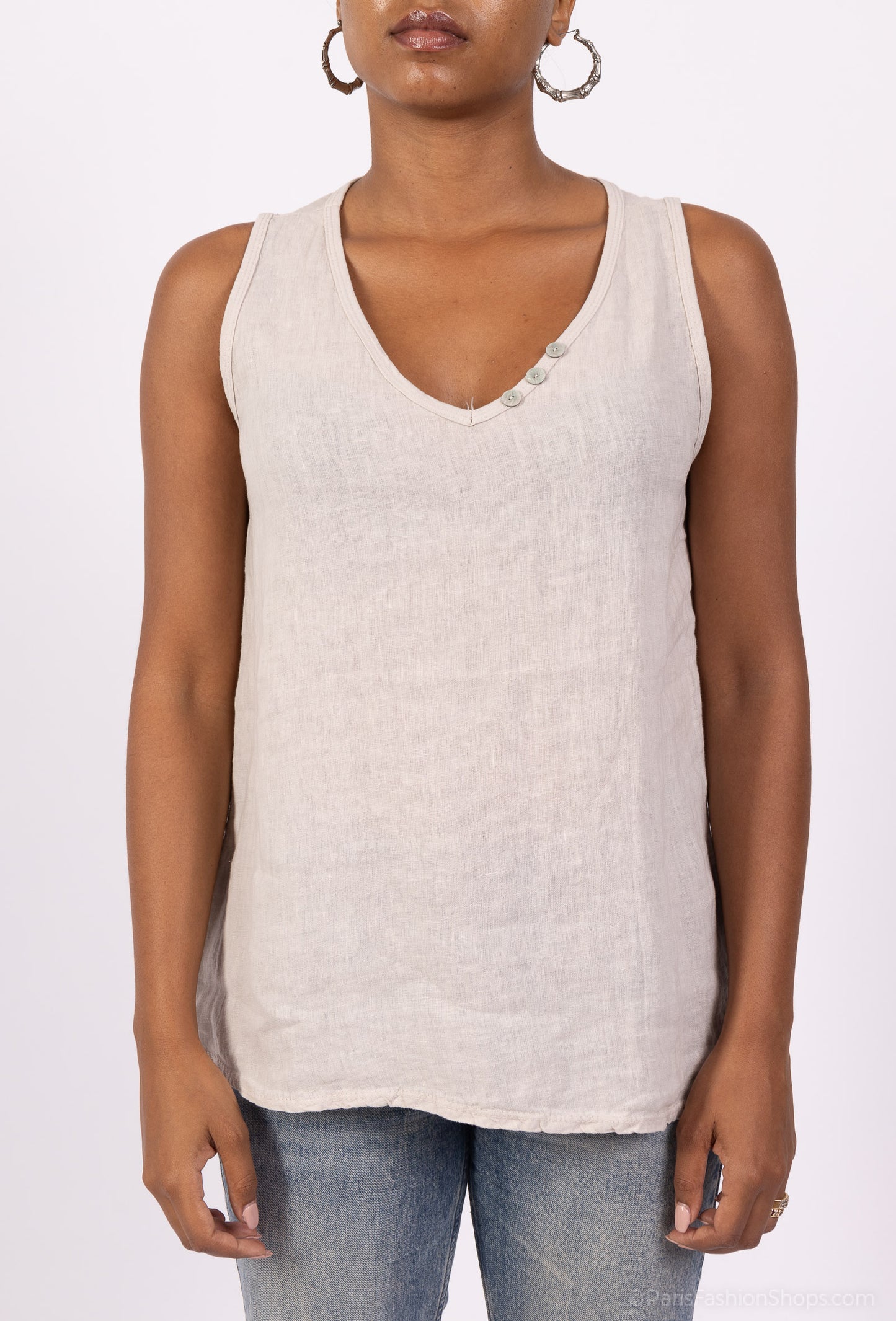 Débardeur Col V à Boutons Bi-Matière 50% Lin 50% Coton