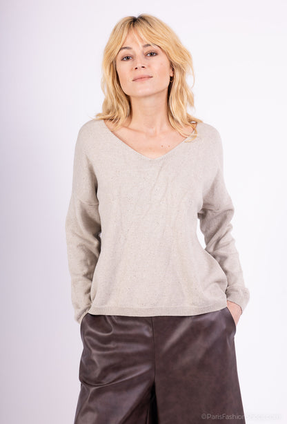 Pull Maille Fine Col V Brillant À Sequins Et Bords-Côtes