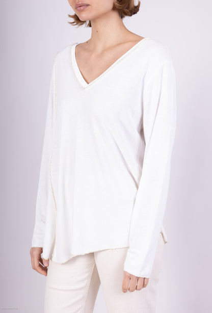 T-Shirt Col V Manches Longue Fil d'Or Asymétrique