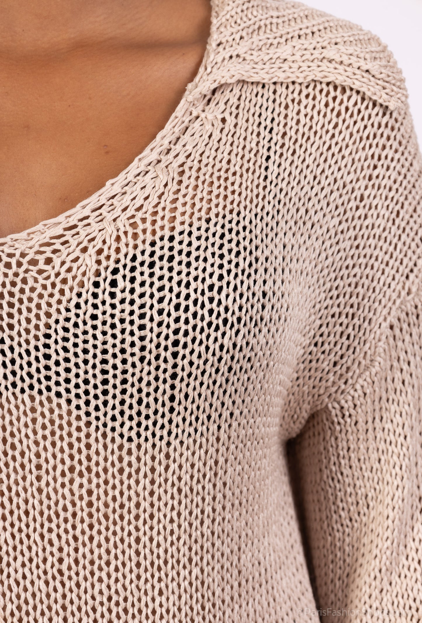Pull Mailles Large Col Chemise Manche 3/4