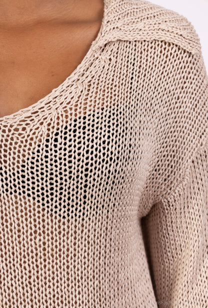 Pull Mailles Large Col Chemise Manche 3/4