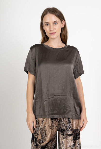 T-Shirt Manche Courte Satin Simple Bords-Côtes Viscose