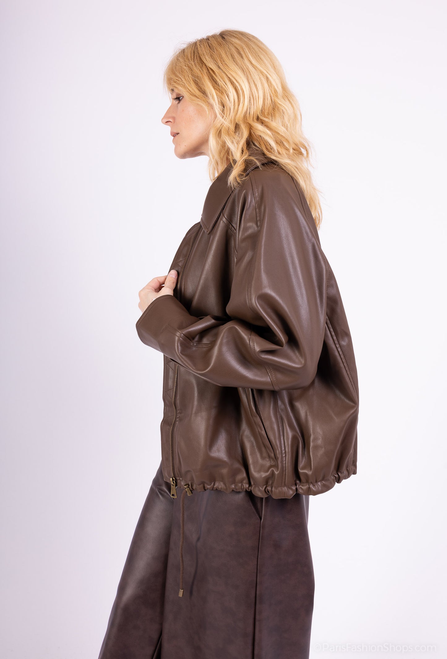 Veste Simili Cuir Col Chemise Taille Élastique À Cordon