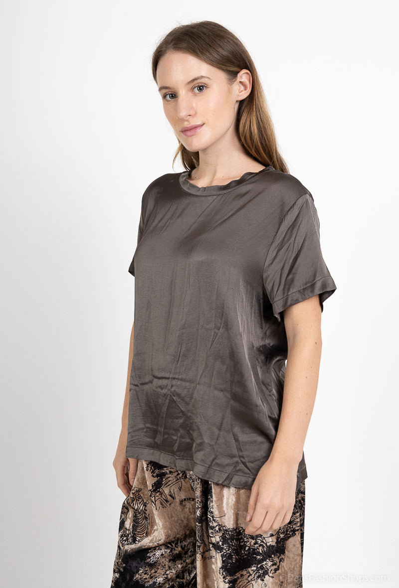 T-Shirt Manche Courte Satin Simple Bords-Côtes Viscose