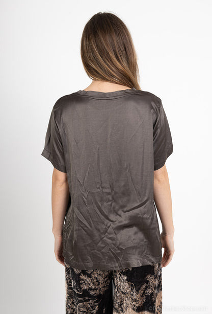 T-Shirt Manche Courte Satin Simple Bords-Côtes Viscose