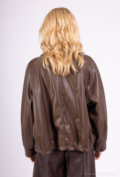 Veste Simili Cuir Col Chemise Taille Élastique À Cordon