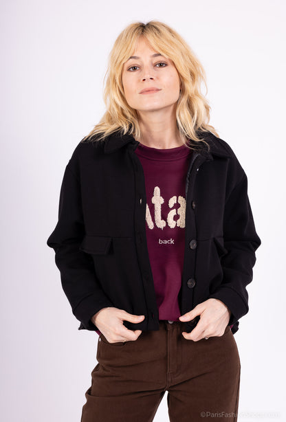 Veste Coupe Ballon Cropped Col Chemise Boutonné 65% Coton