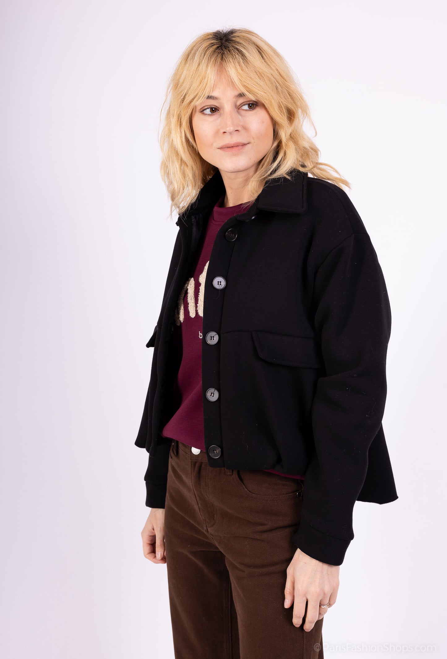 Veste Coupe Ballon Cropped Col Chemise Boutonné 65% Coton