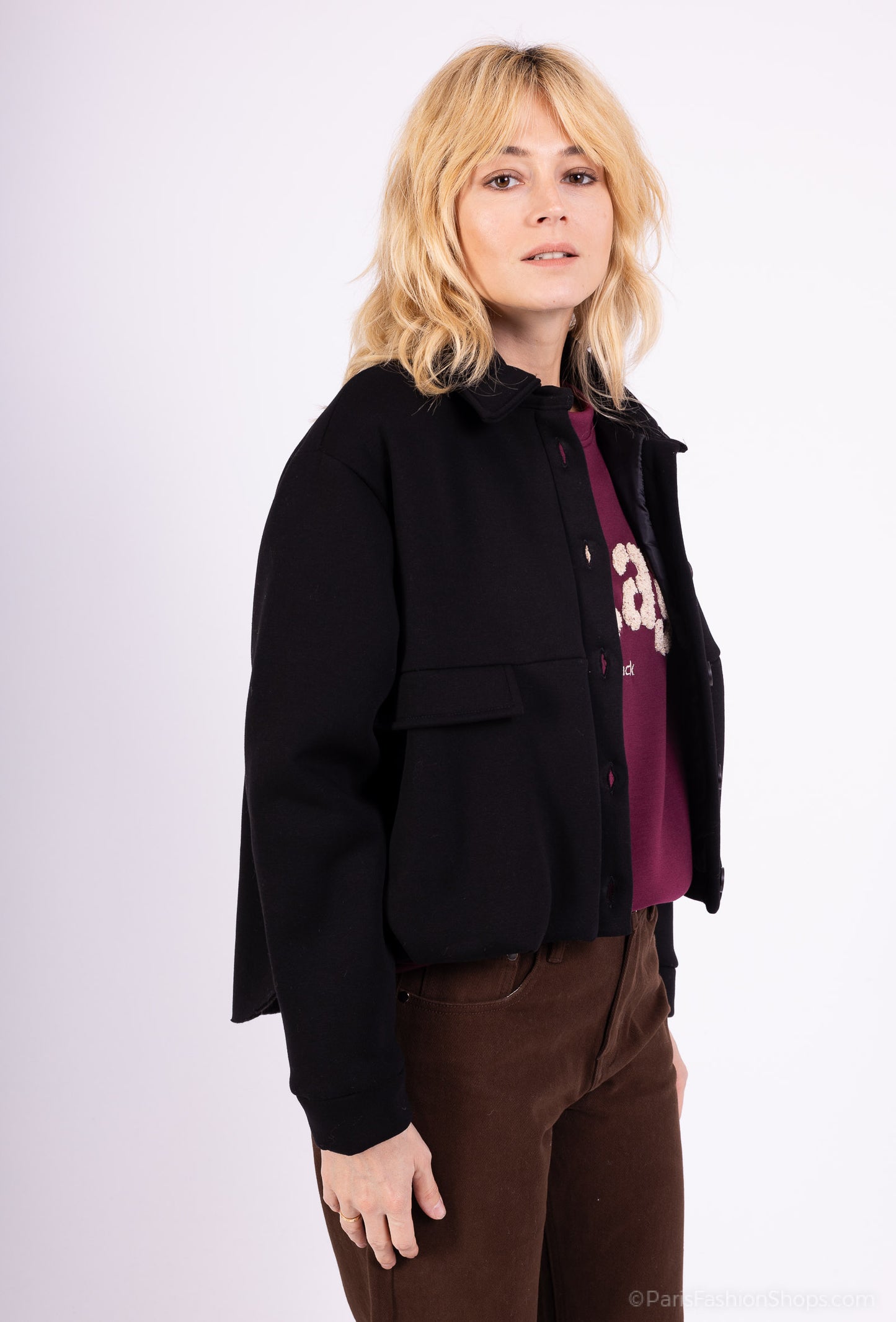 Veste Coupe Ballon Cropped Col Chemise Boutonné 65% Coton