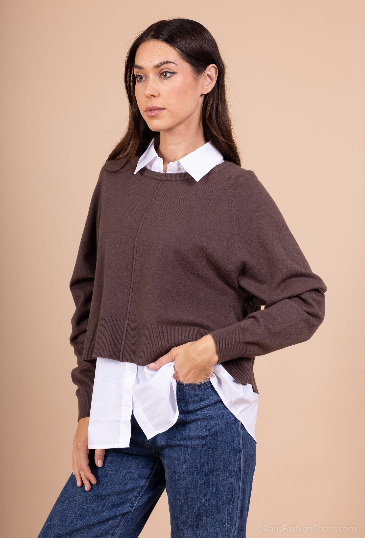 Pull Dos Ouvert Nœud Ajustable Effet Superposé Chemise