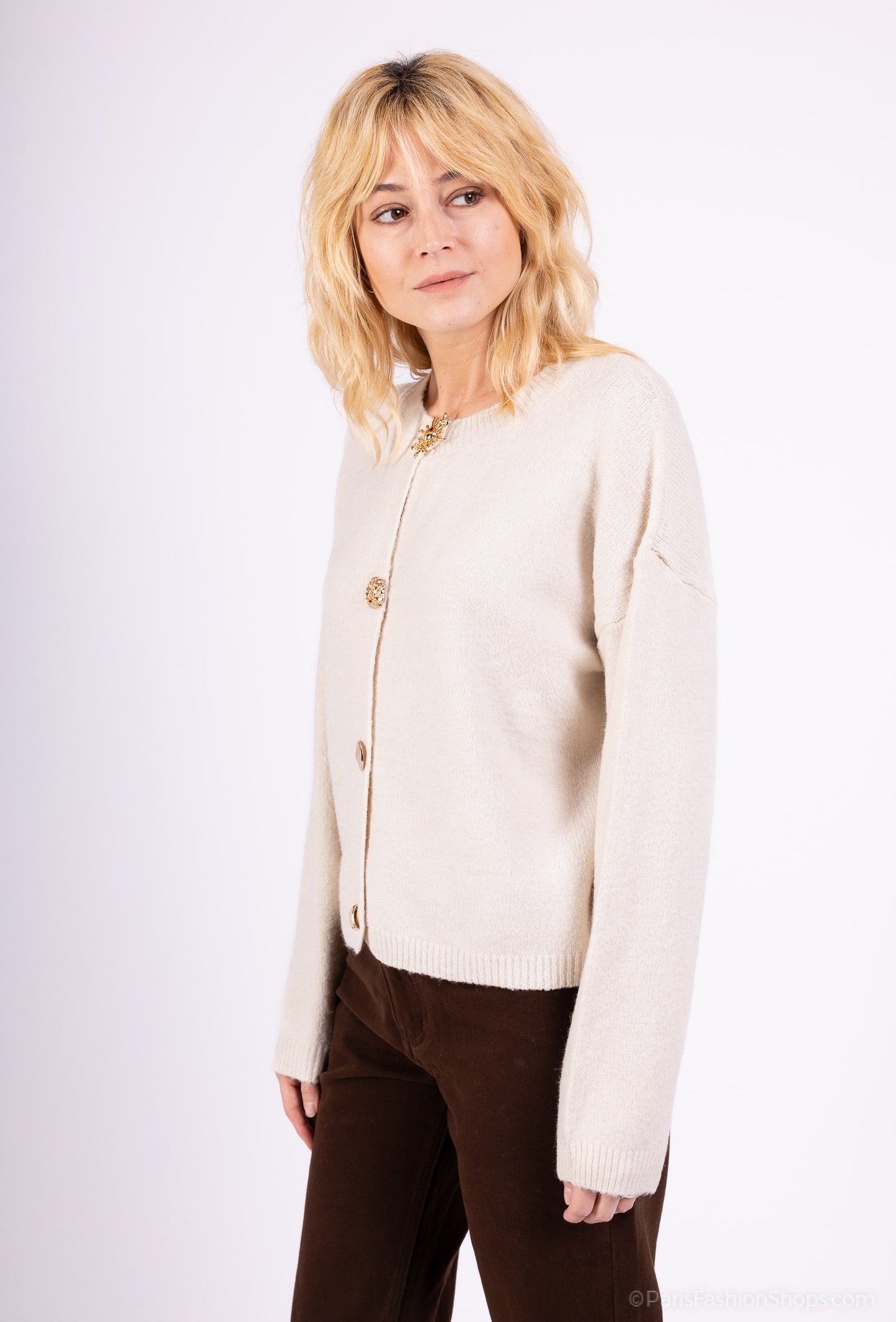 Cardigan Large Boutons Fantaisie Bords-Côtes 10% Laine