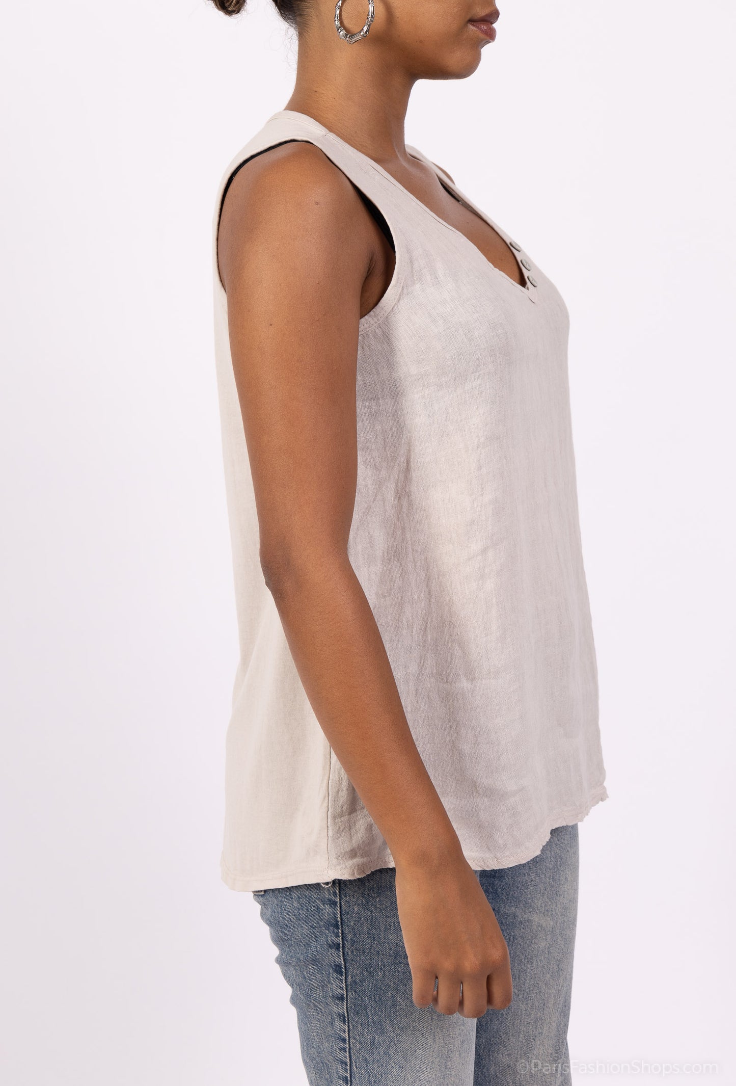 Débardeur Col V à Boutons Bi-Matière 50% Lin 50% Coton