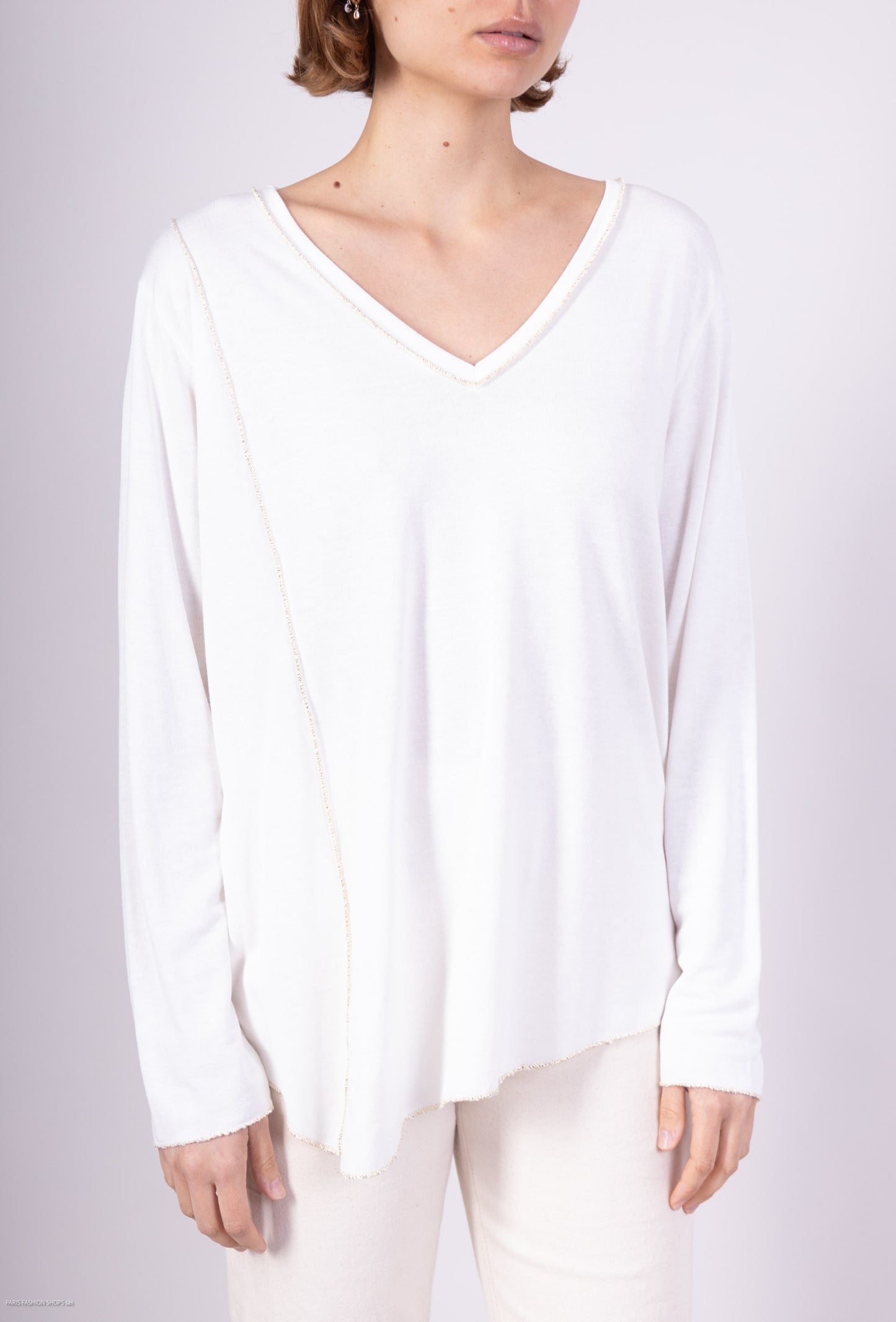 T-Shirt Col V Manches Longue Fil d'Or Asymétrique