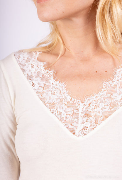 T-Shirt Léger Col V Manches Longue Dentelles 15% Cachemire