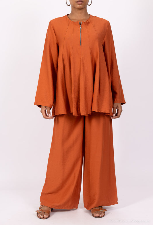 Ensemble Top & Pantalon Col Zippé Plissé En Viscose Nylon