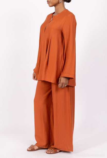 Ensemble Top & Pantalon Col Zippé Plissé En Viscose Nylon