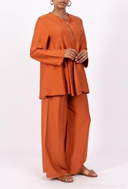 Ensemble Top & Pantalon Col Zippé Plissé En Viscose Nylon