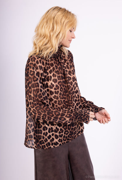 Blouse Col Montant Et Poignets Smocké Mousseline À Motifs