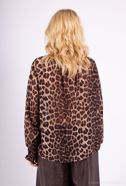 Blouse Col Montant Et Poignets Smocké Mousseline À Motifs