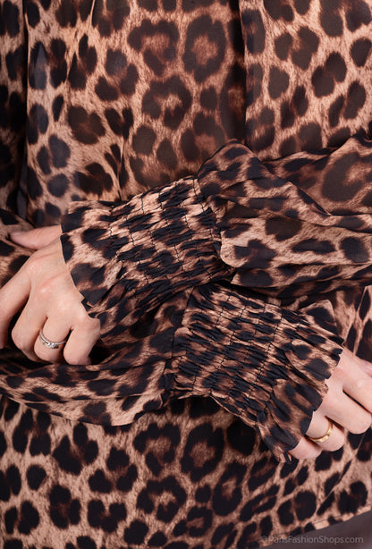 Blouse Col Montant Et Poignets Smocké Mousseline À Motifs